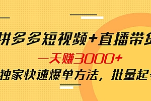 【第4178期】拼多多短视频+直播带货,一天赚3000+独家快速爆单方法,批量起号