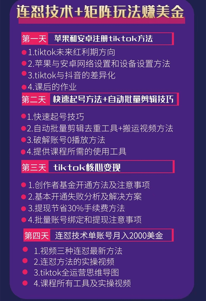 【副业项目1982期】tiktok变现四天实战班连怼技术+矩阵玩法赚,单账号月入2000美金(实操视频)插图1