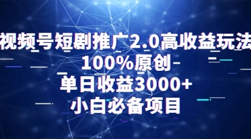 【第9219期】视频号短剧推广2.0高收益玩法，100%原创，单日收益3000+，小白必备项目-勇锶商机网