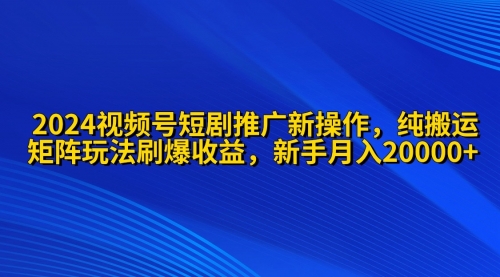 【第9785期】2024视频号短剧推广新操作 纯搬运+矩阵连爆打法刷爆流量分成 小白月入20000-勇锶商机网