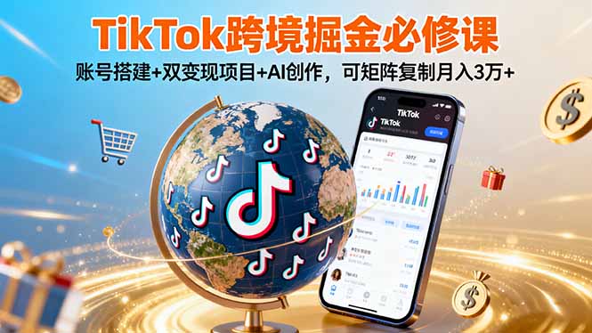 【第13618期】TikTok跨境掘金必修课，账号搭建+双变现项目+AI创作，可矩阵复制月入3万+-吸亿欧创业网