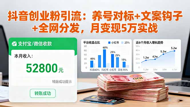 【第13806期】抖音创业粉引流:养号对标+文案钩子+全网分发,月变现5万实战
