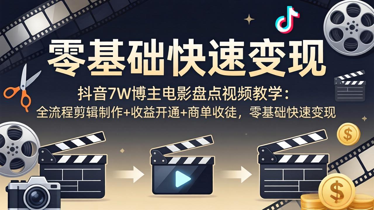 抖音7W博主电影盘点视频教学：全流程剪辑制作+收益开通+商单收徒，零基础快速变现-吸亿欧创业网