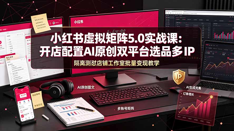 小红书虚拟矩阵5.0实战课:开店配置|AI原创|双平台选品|多IP隔离|测怼店铺工作室批量变现实操教学