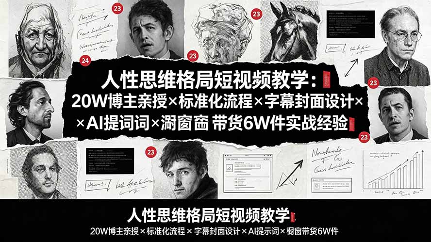 人性思维格局短视频教学:20W博主亲授×标准化流程×字幕封面设计×AI提示词×橱窗带货6W件实战经验