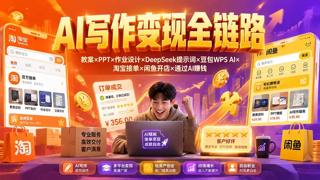 2026AI写作变现全链路:教案×PPT×作业设计×DeepSeek提示词×豆包WPS AI×淘宝接单×闲鱼开店×通过AI賺钱