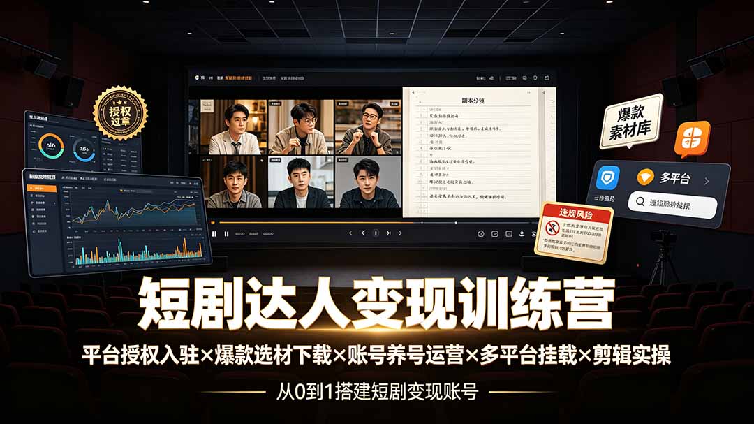 短剧达人变现训练营:平台授权入驻×爆款选材下载×账号养号运营×多平台挂载×剪辑实操×违规处理全流程