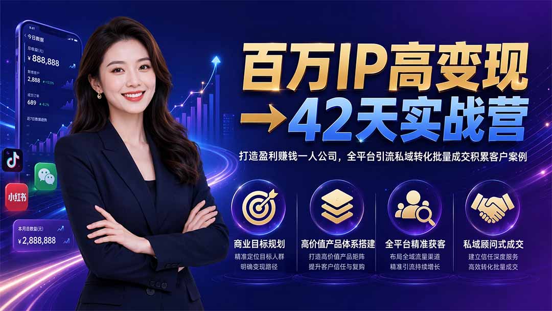 百万IP高变现→42天实战营|打造盈利赚钱一人公司,全平台引流私域转化批量成交积累客户案例