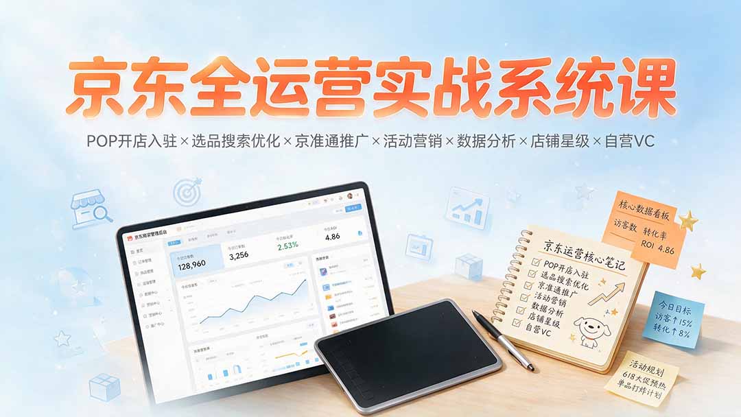 京东全运营实战系统课:POP开店入驻×选品搜索优化×京准通推广×活动营销×数据分析×店铺星级×自营VC