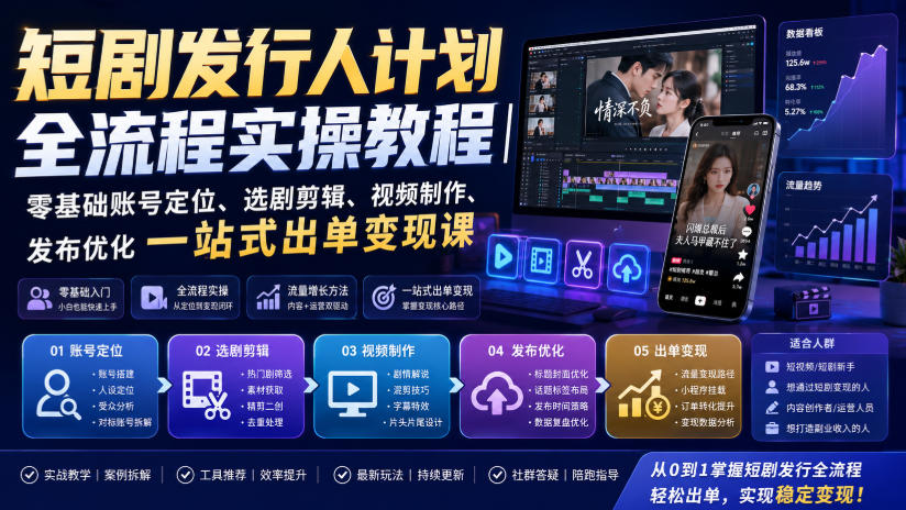 短剧发行人计划全流程实操教程;从账号定位到选剧剪辑再到发布技巧,零基础也能快速上手出单