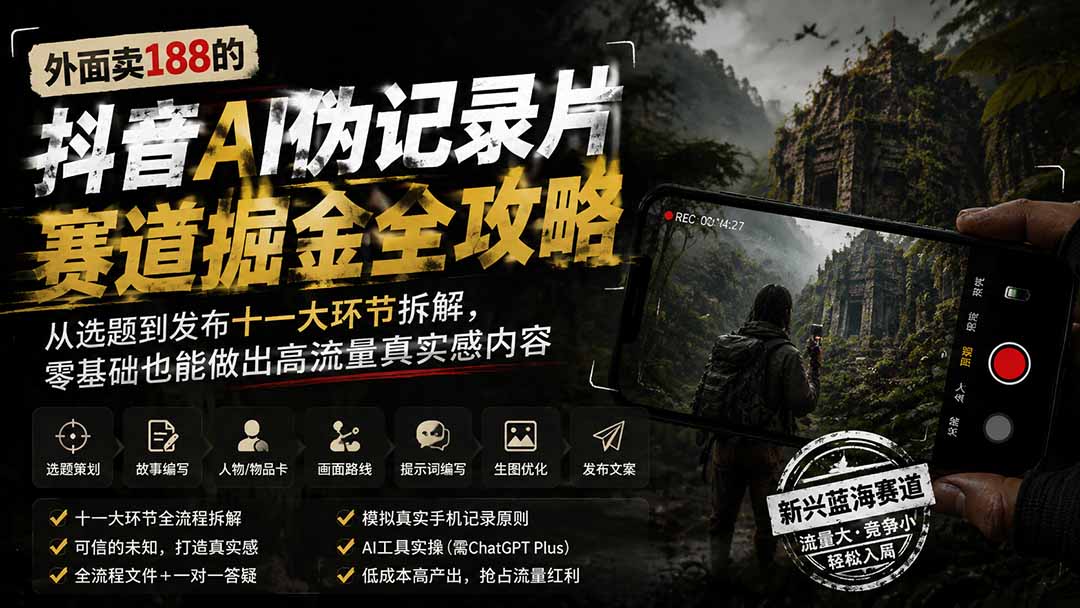 外面卖188的抖音AI伪记录片赛道掘金全攻略-更新;从选题到发布十一大环节拆解,零基础也能做出高流量真实感内容